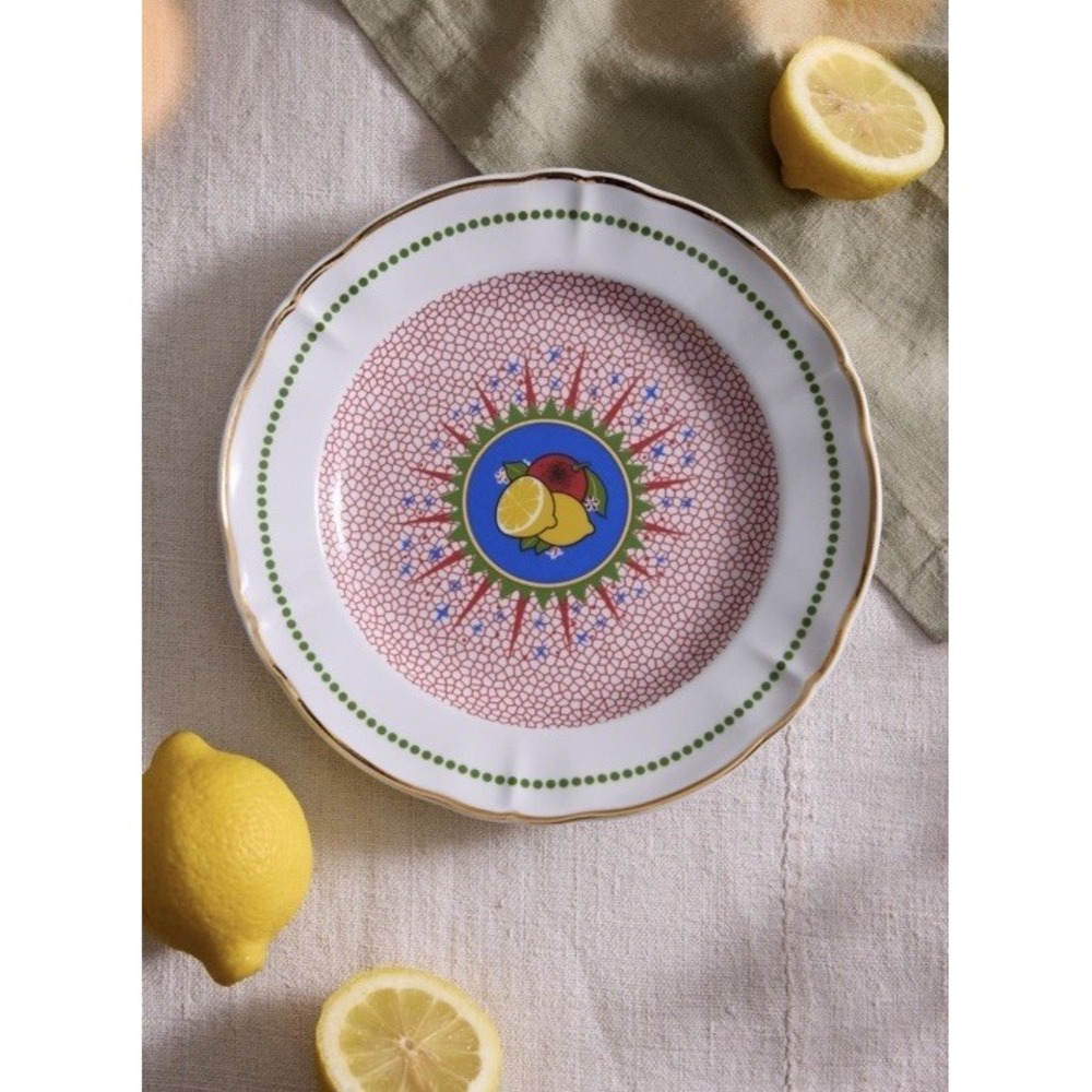 Anthropologie Fruit Pattern Porcelain Dessert Plate Gold Detailing 8"